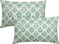 Teal Floral Pillow Covers 12x20 Inch Set of 2, Block Print Lumbar Flower Cream by Sivirary