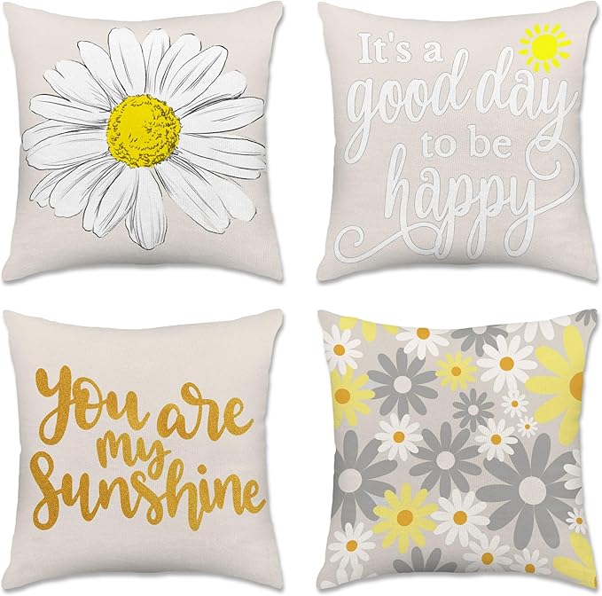 Hexagram Spring Summer Pillow Covers 16x16 Set of 4, Outdoor Floral Daisy by Hexagram