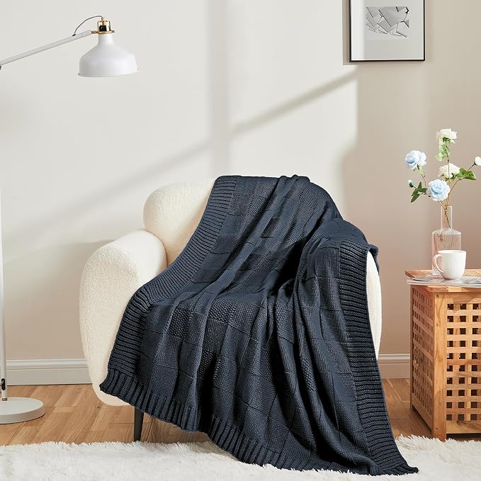 CozeCube Check Knit Throw Blanket, Midnight Navy Checkered Throw - Image 2