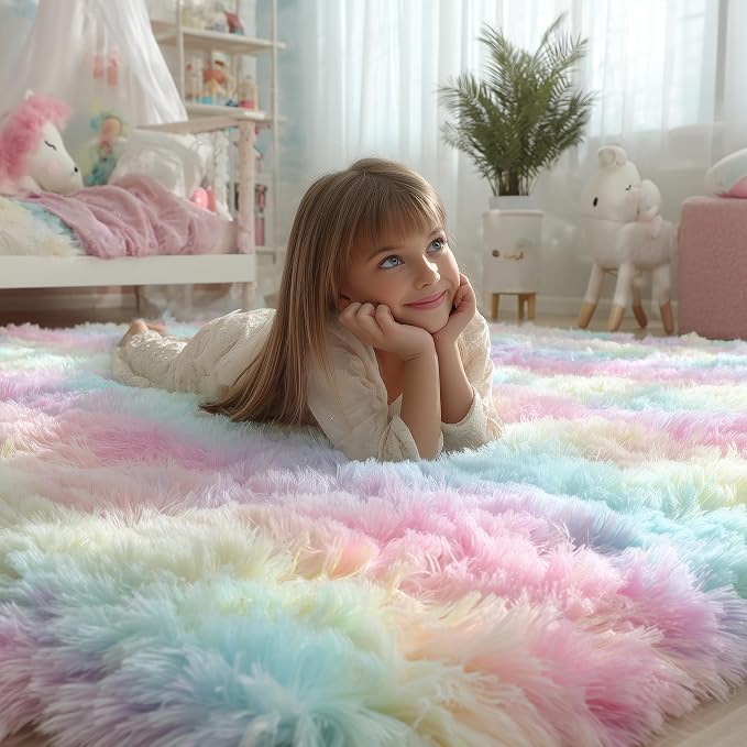 PAGISOFE Fluffy Soft Area Rugs for Girls Bedroom, Plush Shaggy Colorful Rugs - Image 2
