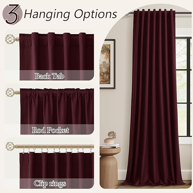 Burgundy 100% Blackout Linen Curtains 72 Inch Length 2 Panels Set - Image 6