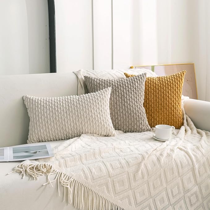 Set of 4 Cream White Decorative Throw Pillow Covers 24x24 Inch Corduroy Pillow - Image 6