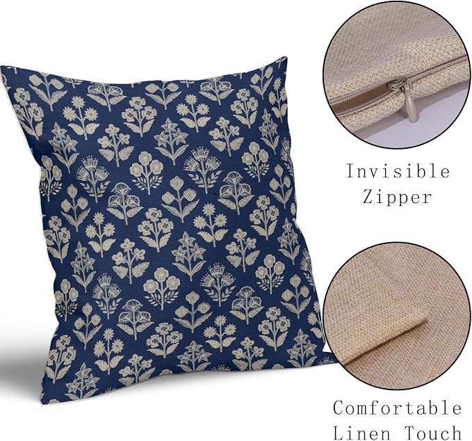 Dark Blue Floral Block Print Pillow Covers 18x18 Inch Set of 2, Vintage Flower - Image 4