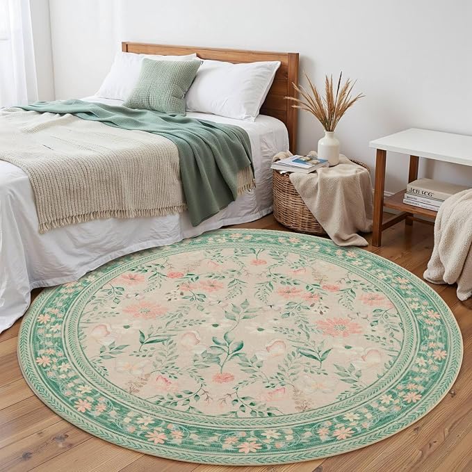 Rugxara 4ft Floral Round Rug, Washable Circle Rug, Non Slip Low Pile Carpet - Image 9