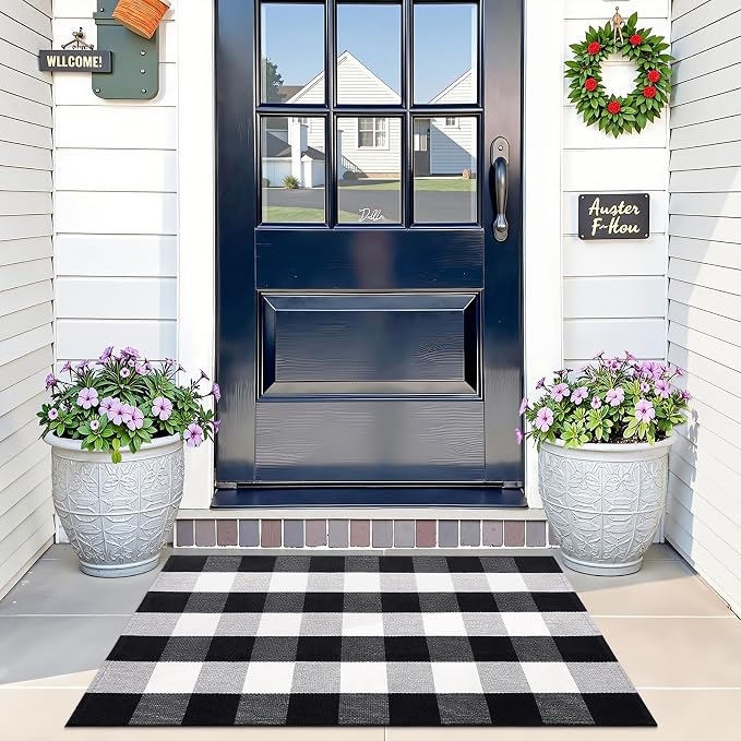 OLANLY Buffalo Plaid Rug 2' x 3' – Black and White Cotton Checkered Doormat by OLANLY