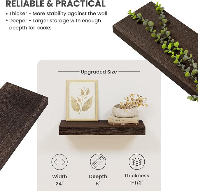Solid Wood Floating Shelves for Wall 24"W x 8"D x 1.56"H Set of 2, Deep Wall - Image 4