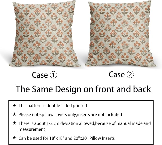 Brown Orange Floral Block Print Pillow Covers 20x20 Inch Set of 2, Vintage - Image 6