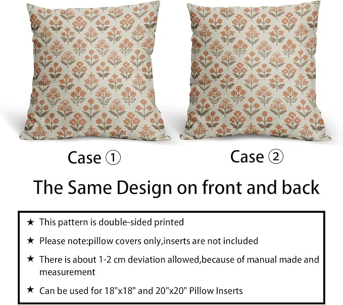 Brown Orange Floral Block Print Pillow Covers 16x16 Inch Set of 2, Vintage - Image 6