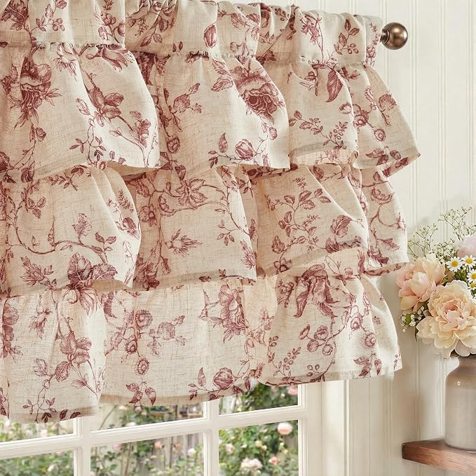 jinchan Amlie Ruffled Floral Valance Curtain Shabby Chic Linen Kitchen Valance by JINCHAN