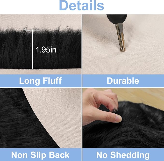 15.7 Inches Mini Black Round Faux Fur Sheepskin Area Rug, Fluffy Small Circle - Image 4
