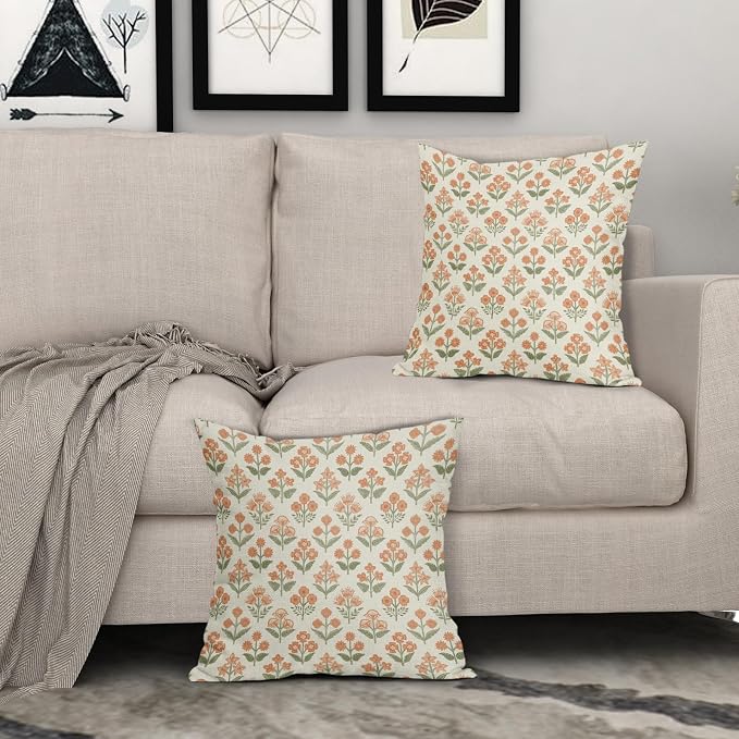 Orange Green Floral Block Print Pillow Covers 18x18 Inch Set of 2, Vintage - Image 3