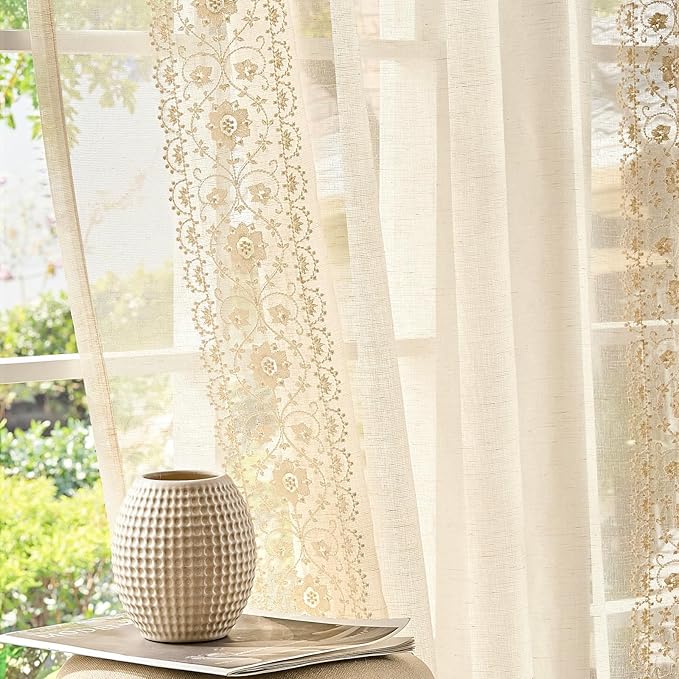 jinchan Weslie Beige Floral Sheer Curtains by JINCHAN