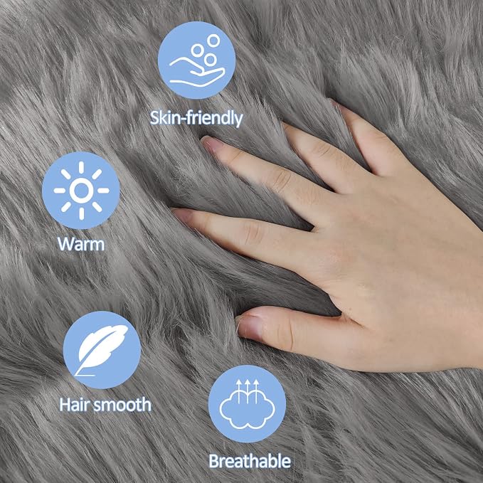Grey Faux Fur Round Rugs for bedroom Living Room, Furry Carpet for Teen - Image 7
