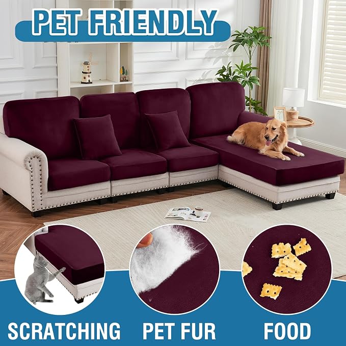 Couch Cover 3-Piece Elastic Velvet Couch Cushion Covers & Chaise Slipcovers - Image 4