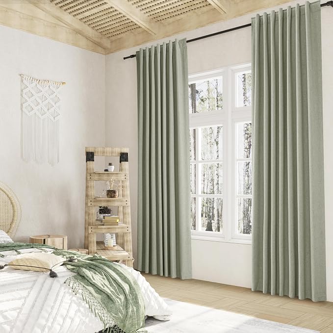 Sage Green 100% Blackout Linen Curtains 100 Inch Length 2 Panels Set - Image 8