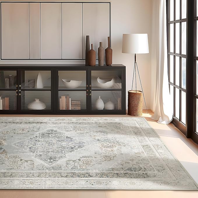 Phantoscope Washable Area Rug 9'x12' Non-Slip, Vintage Neutral Rugs - Image 5