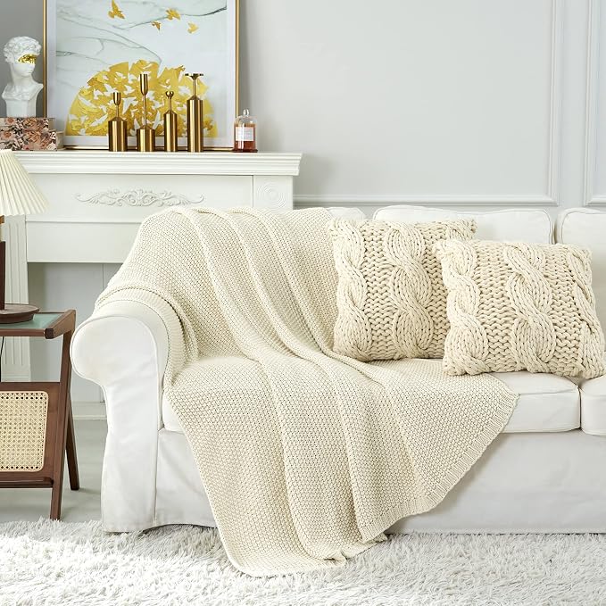 Chunky Cable Knit Throw Blanket Lightweight Cream 100% Organic Cotton Blanket - Image 5