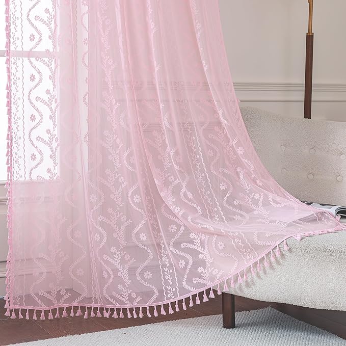 WAZZIO Boho Lace Curtains 84 Inch 2 Panels -Sheer Panel Drape Floral Pattern & by WAZZIO