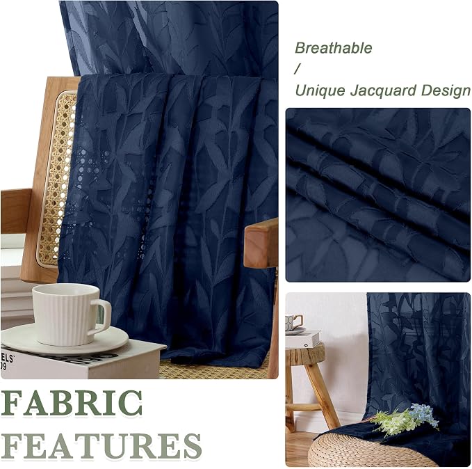 Lecloud Leia Navy Blue Sheer Curtains 90 Inches Long 2 Panels, Airy Leaf - Image 8