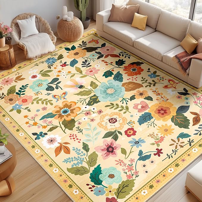 RELEANY Floral Nursery 9x12 Area Rugs Washable Print Boho Cute Carpet Non Slip by RELEANY