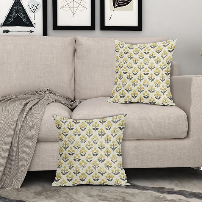 Black Yellow Floral Pillow Covers 20x20 Inch Set of 2, Vintage Flower Block - Image 3