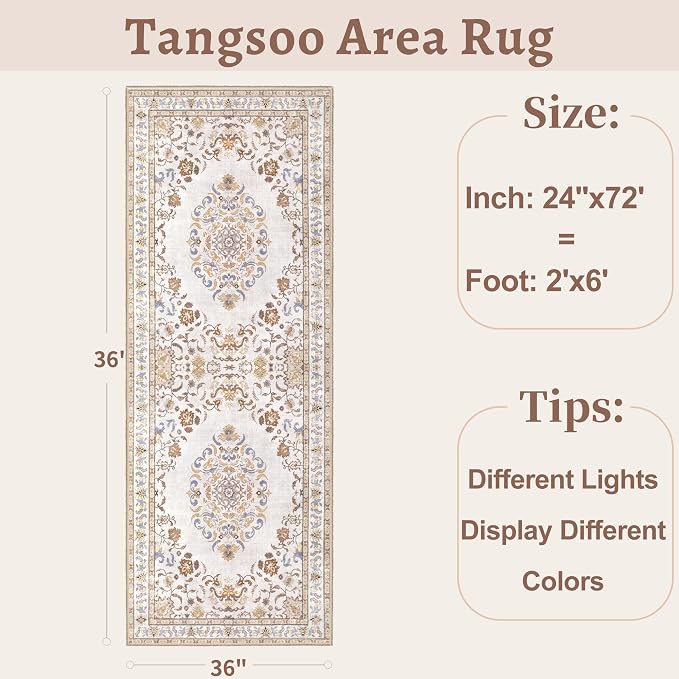 Tangsoo 2x6 Washable Runner Rug Non Slip, Vintage Boho Neutral Hallway Rug - Image 2