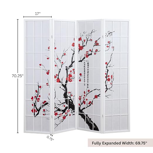 Roundhill Furniture White Japanese 4-Panel Screen Room Divider, Plum Blossom - Image 6