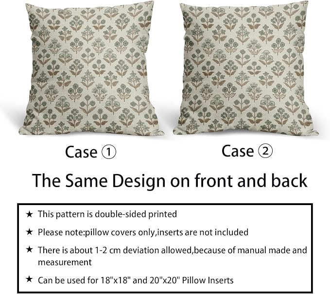 Brown Green Floral Block Print Pillow Covers 20x20 Inch Set of 2, Vintage - Image 6