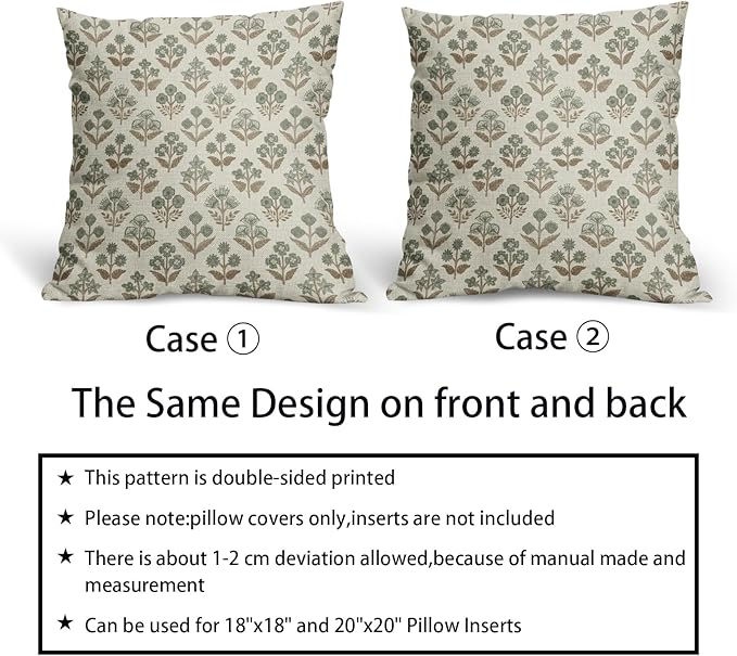 Brown Green Floral Pillow Covers 22x22 Inch Set of 2, Vintage Flower Block - Image 6
