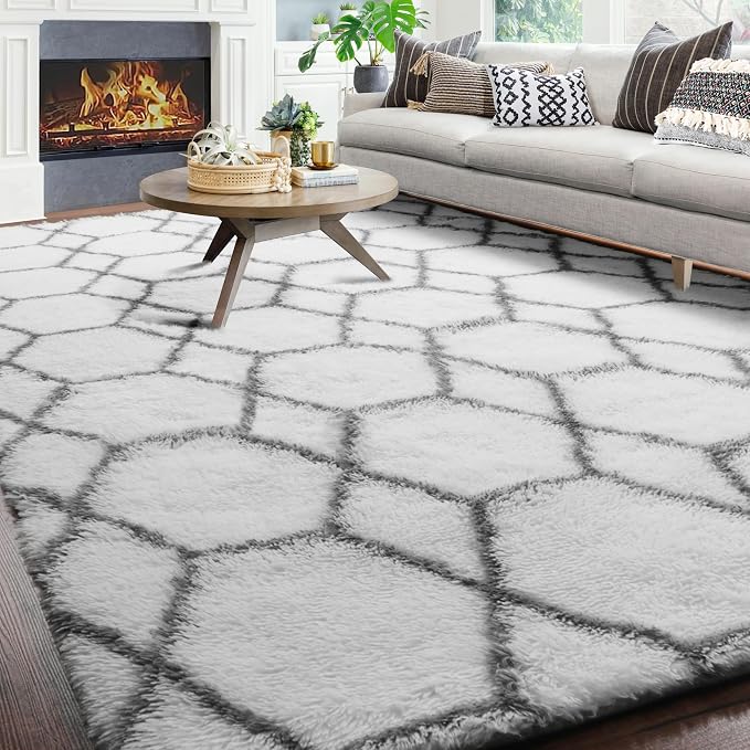 ONASAR 8x10 Area Rugs for Living Room, Fluffy White and Grey Rug for Bedroom - Image 4