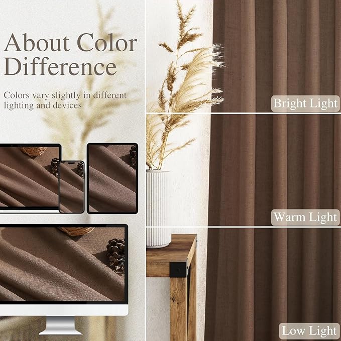 Caramel Brown Linen Curtains for Living Room 98 Inches Long Back Tab and Rod - Image 3