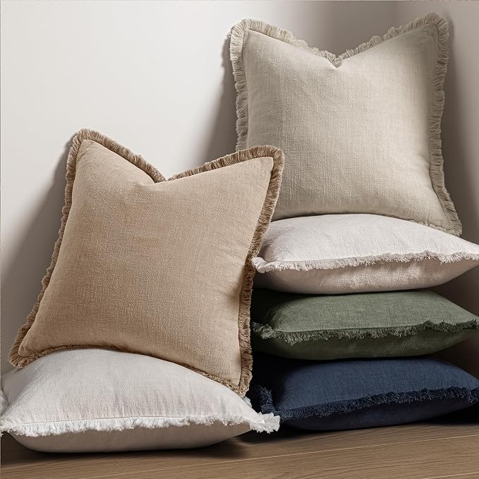 MIULEE Decorative Throw Pillow Covers Neutral Linen Fringe Throw Pillows Set of - Image 5
