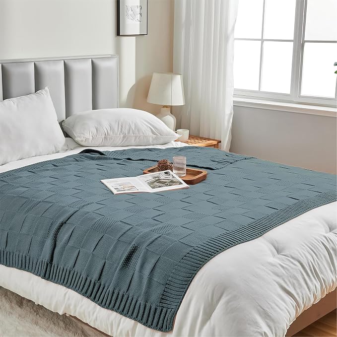 CozeCube Check Knit Throw Blanket, Dusty Blue Checkered Throw - Image 6
