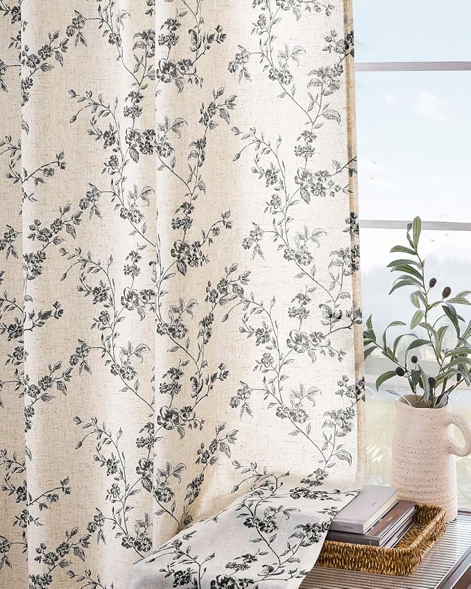 Lazzzy Farmhouse Linen Curtains Extra Long Black Floral Curtains 108 Inch - Image 9