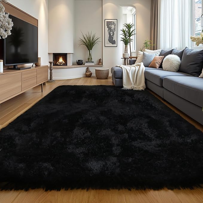 Black Fluffy 8x10 Large Area Rugs by KICHOWUA