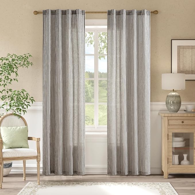 jinchan Linen Curtains Black on Beige Striped Curtains by JINCHAN