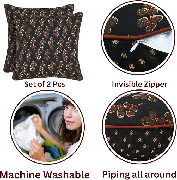 Ridhi Block Print Black Pillow Cover 18" x 18" Decorative Couch Pillows - Image 3