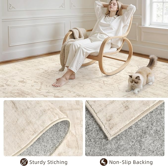 5x7 Area Rugs for Living Room: Vintage Boho Neutral Washable Rug Indoor Soft - Image 4