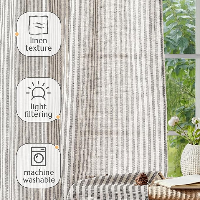 jinchan Linen Curtains Charcoal Grey on Beige Striped Curtains - Image 4