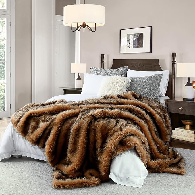 Luxury Plush Faux Fur Blanket Queen Size, Long Pile Brown by HORIMOTEHOME