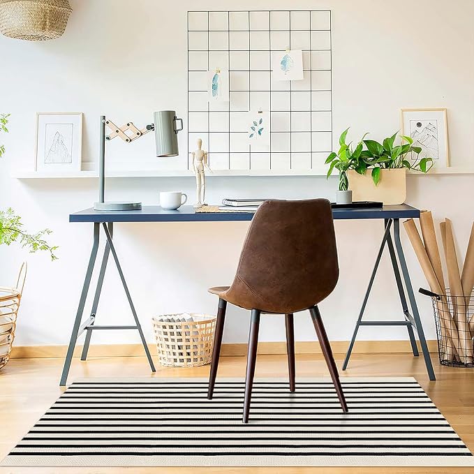 KOZYFLY Black and Beige Striped Porch Rug 2x4.3 Ft Washable Outdoor Rug - Image 3