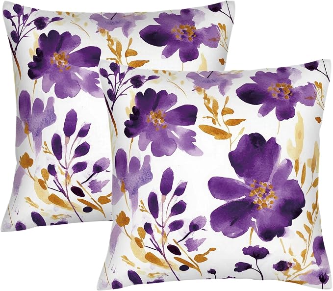 Purple Gold Watercolor Floral Throw Pillow Covers 18x18 Set of 2, Boho Gold by Unknown