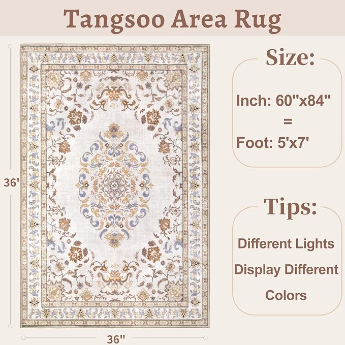 Tangsoo 5x7 Washable Area Rug, Non Slip Boho Neutral Rug - Image 3