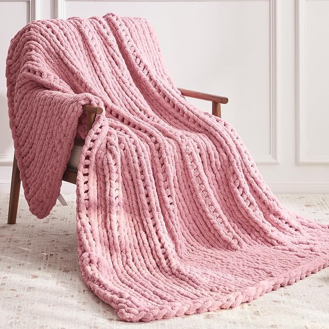 Negwoo Chunky Knit Throw Blanket, Handmade Light PinkCrochet Big Thick Blanket - Image 2