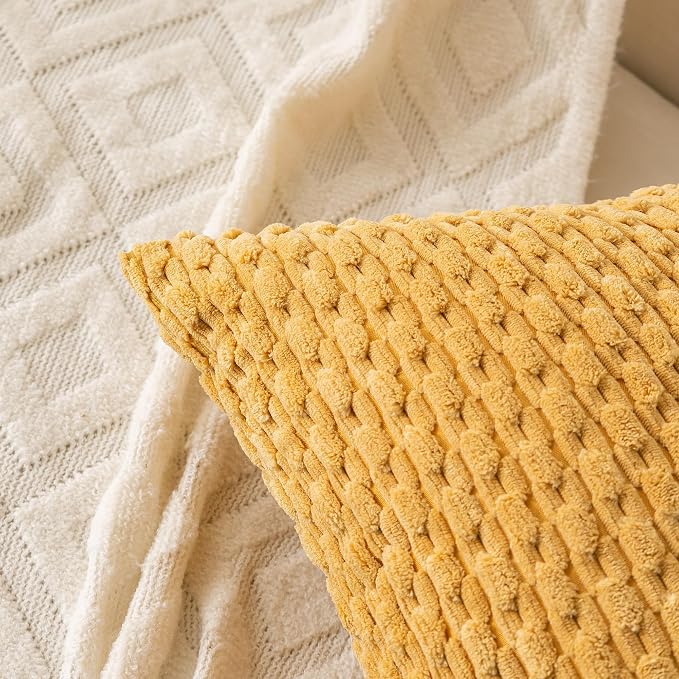 Set of 4 Yellow Olive Aqua Decorative Throw Pillow Covers 18x18 Inch Corduroy - Image 2