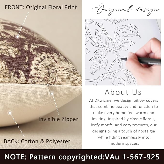 Vintage Floral Print Throw Pillow Covers 12x20 Set of 2 Neutral Modern - Image 3