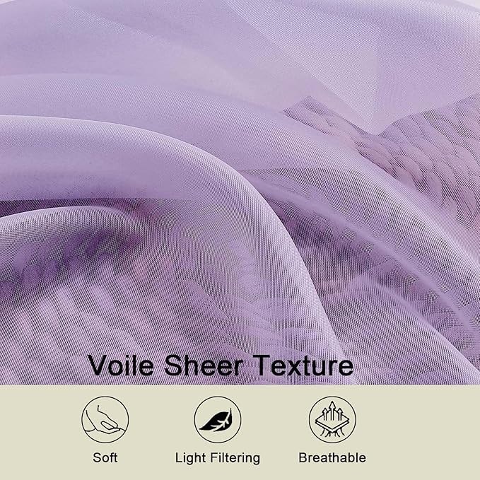 Lavender Sheer Curtains for Bedroom Living Room 45 Inch Length 2 Panels - Image 3