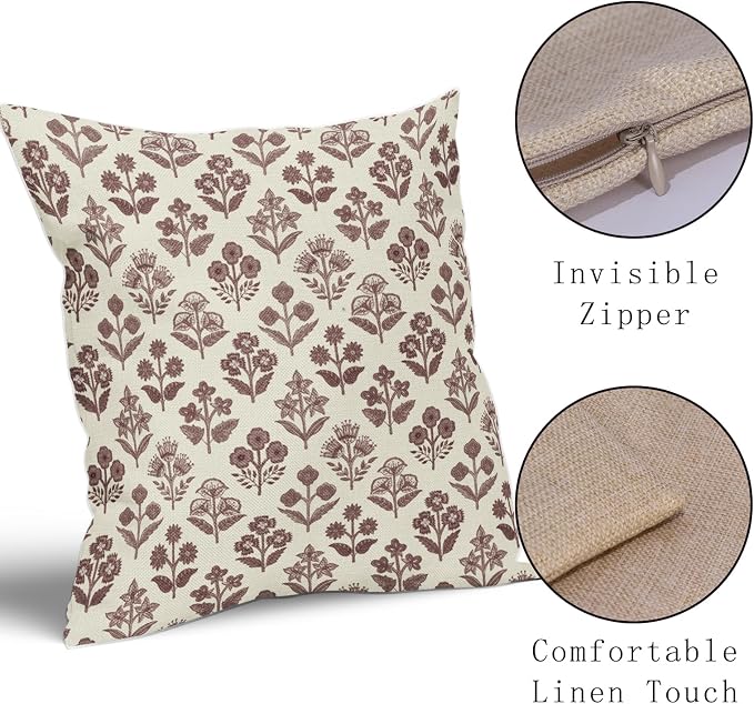 Burgundy Red Floral Pillow Covers 18x18 Inch Set of 2, Vintage Flower Block - Image 4