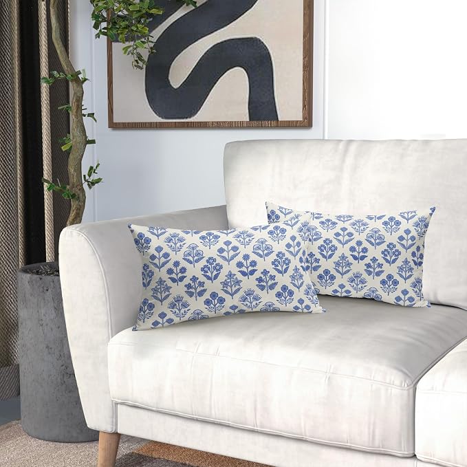 Blue Floral Pillow Covers 12x20 Inch Set of 2, Block Print Lumbar Flower Cream - Image 6