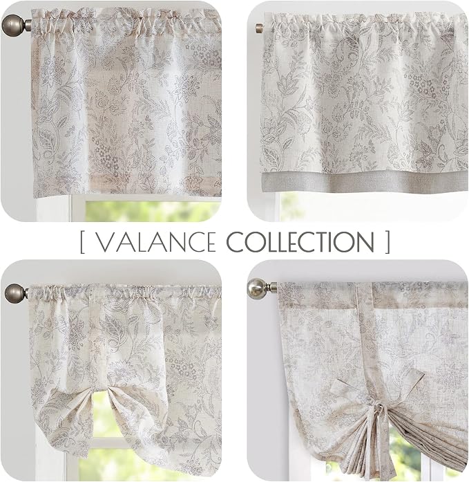 JINCHAN Linen Valance Curtain Farmhouse Grey Floral Printed Small Window Curtain - Image 9